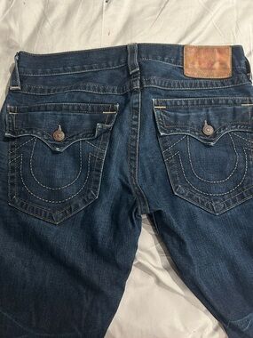 True Religion Dark Wash Jeans with Signature Flap Pockets
